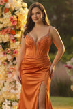 Fuchsia Mermaid Corset Spaghetti Straps Plus Size Prom Dress with Slit
