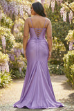 Fuchsia Mermaid Corset Spaghetti Straps Plus Size Prom Dress with Slit