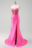 Fuchsia Sweetheart Mermaid Satin Long Corset Prom Dress With Appliques