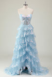 Strapless Blue A Line Sequin Corset Tiered Long Prom Dress