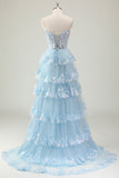 Glitter Blue A Line Strapless Sequin Corset Tiered Long Prom Dress