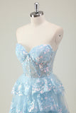 Glitter Blue A Line Strapless Sequin Corset Tiered Long Prom Dress