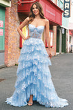 Strapless Blue A Line Sequin Corset Tiered Long Prom Dress