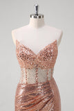 Sparkly Rose Golden Mermaid Corset Long Prom Dress With Sequins