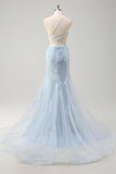 Blue Mermaid Spaghetti Straps Tulle Long Corset Prom Dress With 3D Flowers