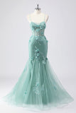 Pink Mermaid Spaghetti Straps Tulle Long Corset Prom Dress With 3D Flowers