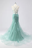 Pink Mermaid Spaghetti Straps Tulle Long Corset Prom Dress With 3D Flowers