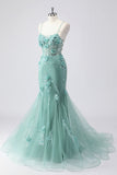 Pink Mermaid Spaghetti Straps Tulle Long Corset Prom Dress With 3D Flowers