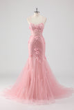 Blue Mermaid Corset Tulle Long Plus Size Prom Dress with 3D Flowers