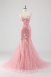 Pink Mermaid Spaghetti Straps Tulle Long Corset Prom Dress With 3D Flowers