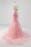 Blue Mermaid Corset Tulle Long Plus Size Prom Dress with 3D Flowers