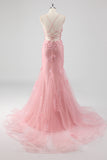 Pink Mermaid Spaghetti Straps Tulle Long Corset Prom Dress With 3D Flowers