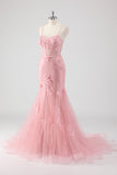 Blue Mermaid Corset Tulle Long Plus Size Prom Dress with 3D Flowers