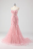 Pink Mermaid Spaghetti Straps Tulle Long Corset Prom Dress With 3D Flowers