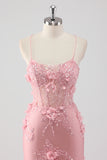 Pink Mermaid Spaghetti Straps Tulle Long Corset Prom Dress With 3D Flowers