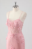 Pink Mermaid Spaghetti Straps Tulle Long Corset Prom Dress With 3D Flowers