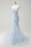 Blue Mermaid Spaghetti Straps Tulle Long Corset Prom Dress With 3D Flowers