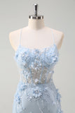 Blue Mermaid Spaghetti Straps Tulle Long Corset Prom Dress With 3D Flowers