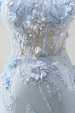 Blue Mermaid Spaghetti Straps Tulle Long Corset Prom Dress With 3D Flowers