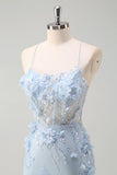 Blue Mermaid Spaghetti Straps Tulle Long Corset Prom Dress With 3D Flowers