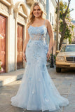Blue Mermaid Corset Tulle Long Plus Size Prom Dress with 3D Flowers