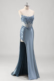 Sparkly Grey Blue Mermaid Beaded Strapless Metallic Prom Dress with Slit