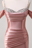 Glitter Blush Mermaid Beaded Spaghetti Straps Long Prom Dress