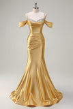 Sparkly Golden Mermaid Cold Shoulder Sequined Ruched Satin Long Prom Dress