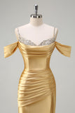 Sparkly Golden Mermaid Cold Shoulder Sequined Ruched Satin Long Prom Dress