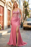 Sparkly Coral Mermaid Spaghetti Straps Corset Long Plus Size Prom Dress with Slit