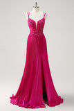 Fuchsia Sheath Spaghetti Straps Pleated Long Corset Prom Dress With Appliques