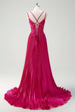 Fuchsia Sheath Spaghetti Straps Pleated Long Corset Prom Dress With Appliques