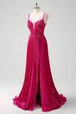 Fuchsia Sheath Spaghetti Straps Pleated Long Corset Prom Dress With Appliques