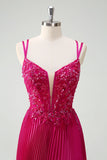 Fuchsia Sheath Spaghetti Straps Pleated Long Corset Prom Dress With Appliques