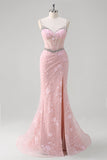 Pink Mermaid Spaghetti Straps Sequined Floral Corset Prom Dress with Beading