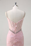 Pink Mermaid Spaghetti Straps Sequined Floral Corset Prom Dress with Beading