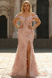 Blush 3D Flowers Mermaid Off the Shoulder Long Plus Size Prom Dress With Slit