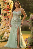 Green Mermaid Corset Embroidered Long Plus Size Prom Dress with Slit