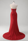 Sparkly Red Mermaid Corset Strapless Long Prom Dress With Slit