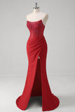 Sparkly Red Mermaid Corset Strapless Long Prom Dress With Slit