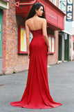 Beaded Strapless Mermaid Corset Long Red Prom Dress with Slit