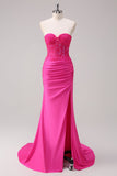 Mermaid Applique Strapless Corset Long Fuchsia Prom Dress with Slit