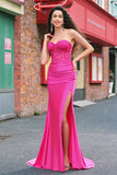 Mermaid Applique Strapless Corset Long Fuchsia Prom Dress with Slit