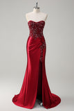 Burgundy Mermaid Strapless Sequin Long Ball Dress with Beading