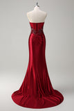 Burgundy Mermaid Strapless Sequin Long Ball Dress with Beading