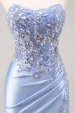 Sparkly Blue Mermaid Corset Satin Long Prom Dress with Slit