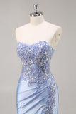 Sparkly Blue Mermaid Corset Satin Long Prom Dress with Slit