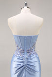 Sparkly Blue Mermaid Corset Satin Long Prom Dress with Slit
