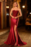 Burgundy Mermaid Strapless Sequin Long Ball Dress with Beading