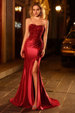 Burgundy Mermaid Strapless Sequin Long Ball Dress with Beading